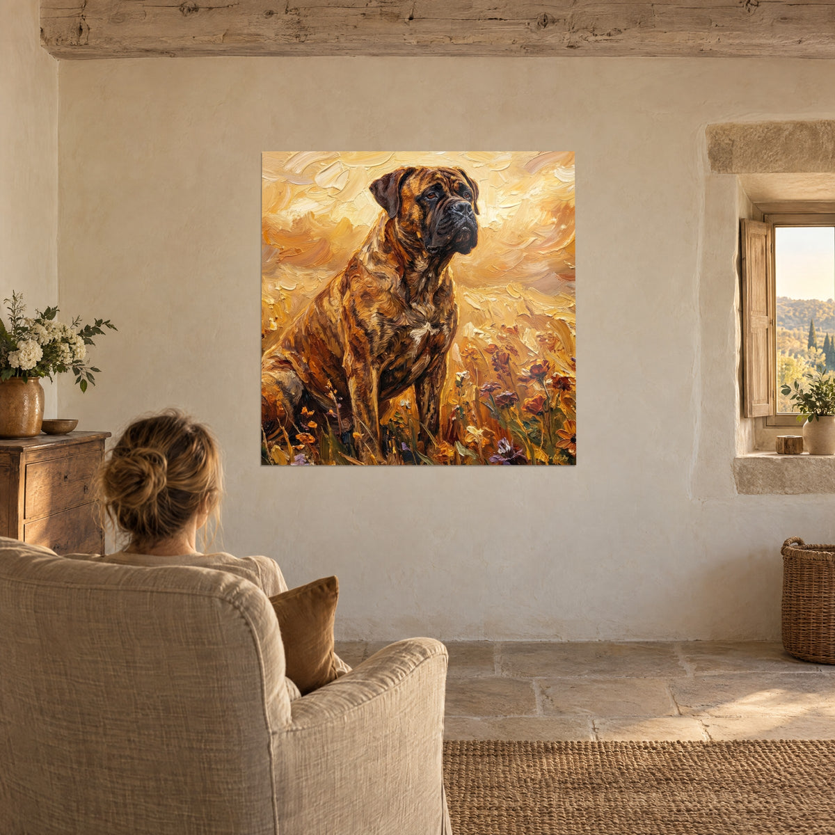 Quadro mastino bruno e ocra seduto tra i papaveri, cielo dorato a volute, contemplato da una poltrona beige vicino a una finestra