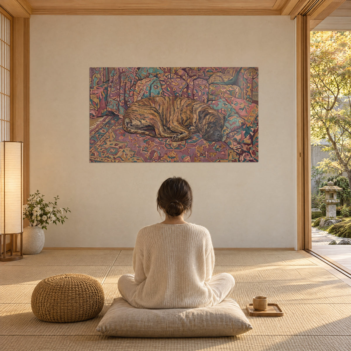 Cuadro bullmastiff tranquilo tumbado sobre un kilim con rombos ciruela y ocre, observado por una mujer sentada en meditación sobre un cojín