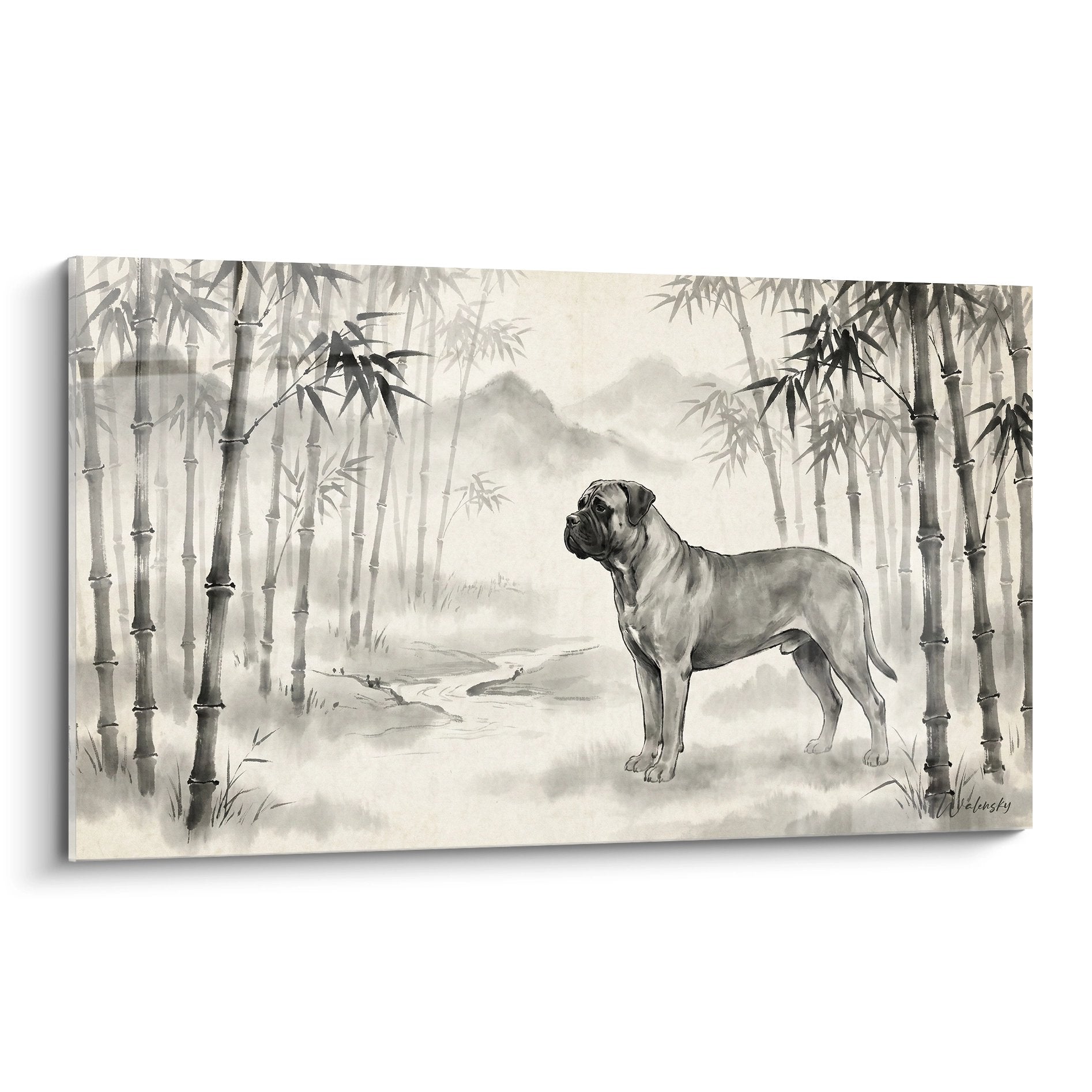 Tableau Bullmastiff debout dans forêt bambous gris brumeux style art oriental zen