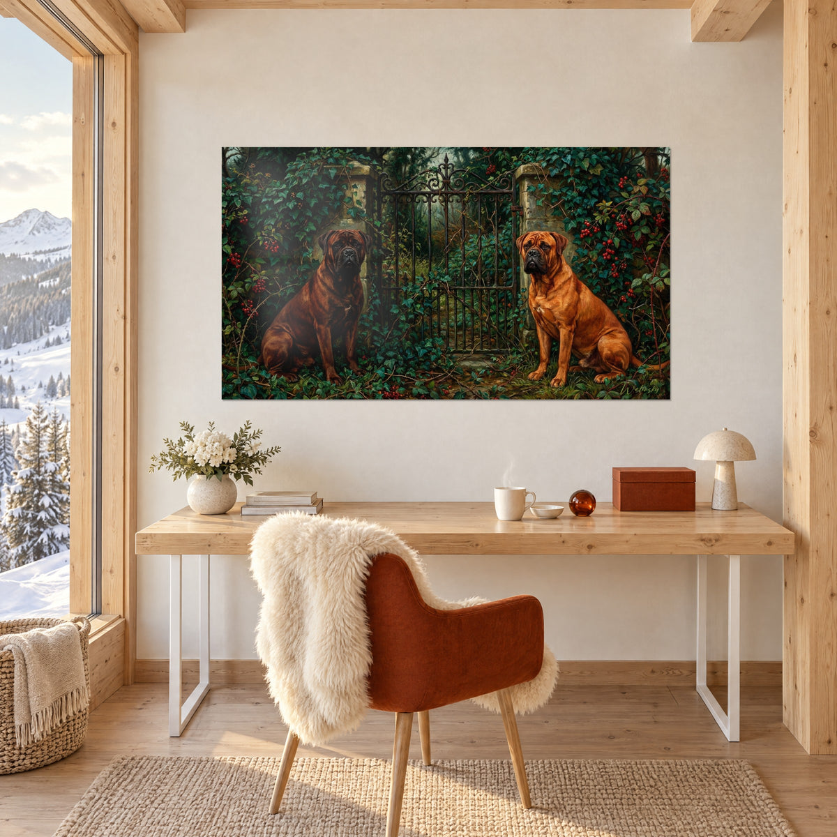 Tableau gardiens canins sous les ronces garnies de baies rouges, grille noire et pierre grise, accroché au-dessus d'un bureau de chalet