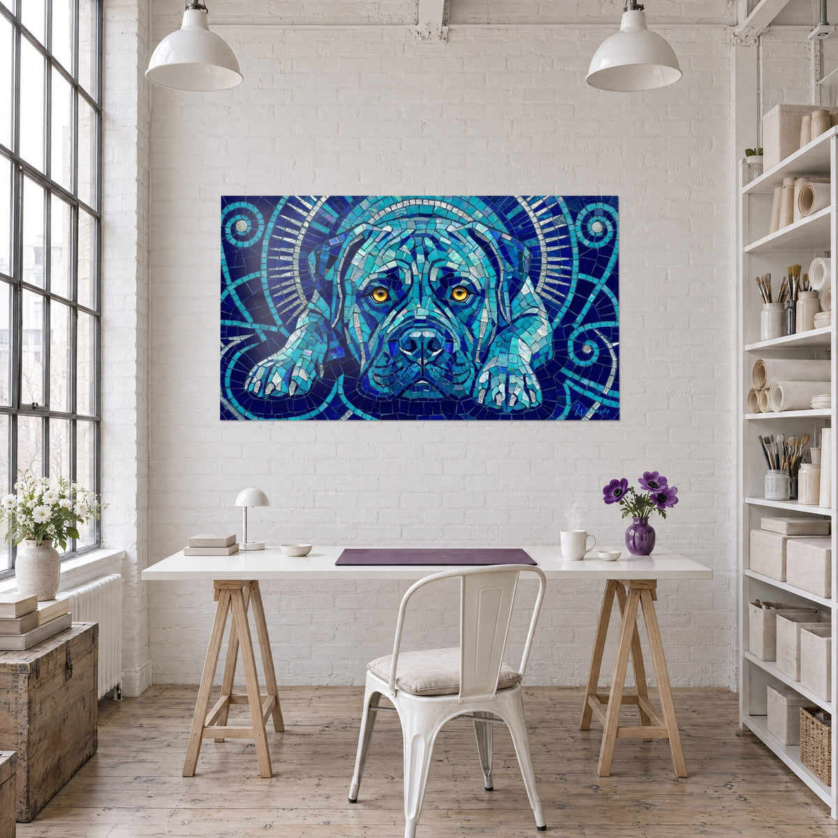Tableau bouledogue mosaïque bleu glacier aux reflets argentés, spirales sombres, au-dessus d'un bureau blanc dans un atelier