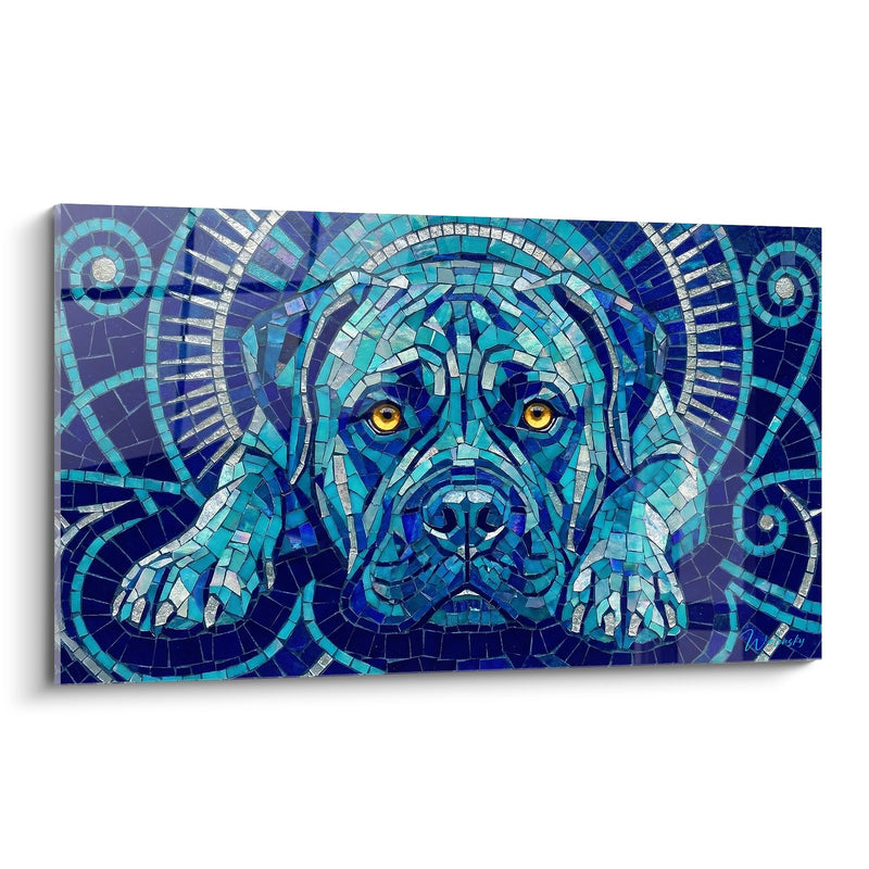 Hundegemälde in blauem Mosaik mit goldenen Augen - Künstlerisches Porträt - Bullmastiff Edition