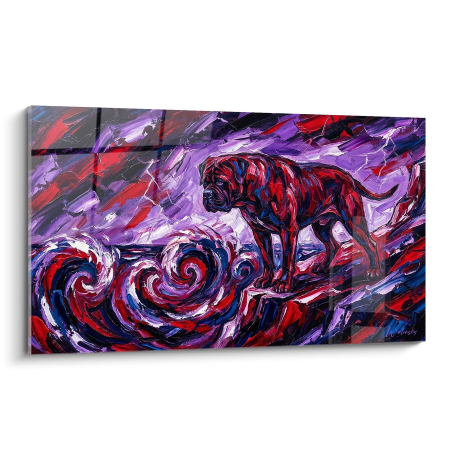 Tableau Bullmastiff Rouge et Violet dans Tourbillons Cosmiques - Tempête Émotionnelle - Edition Bullmastiff