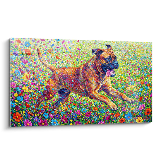 Tableau pointilliste bullmastiff sautant prairie multicolore fleurs art vibrant
