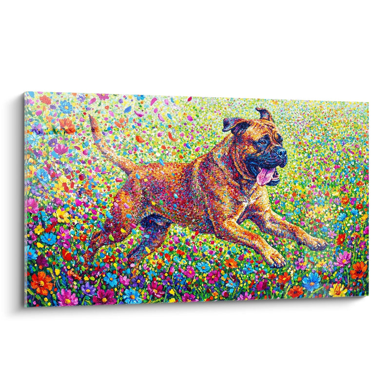 Bullmastiff-Gemälde springend in farbiger Wiese - Freude-Explosion - Bullmastiff-Edition
