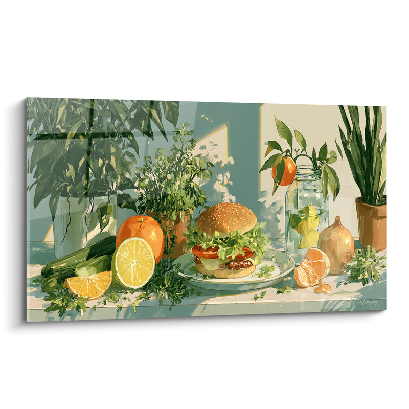 Tableau Burger sur assiette parmi agrumes et verdure - Pause gourmande ensoleillée - Edition Burger