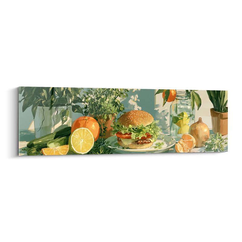 Tableau Burger doré et vert entouré de courgettes fraîches - Bocal d'eau citronnée - Edition Burger