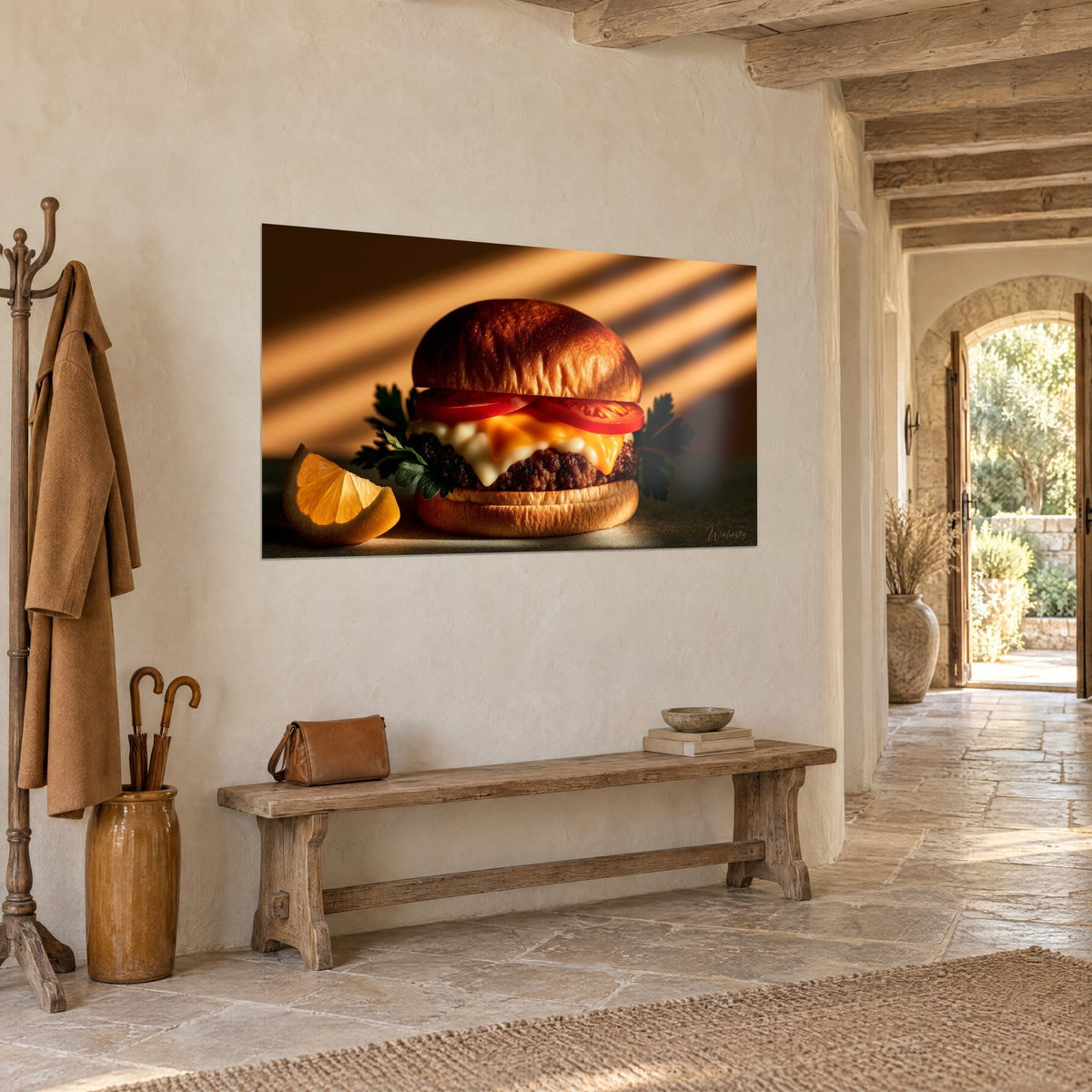 Tableau sandwich au bœuf grillé, petit pain bruni, persil vert et quartier d'orange, mur de pierre blanche, vue de trois-quarts