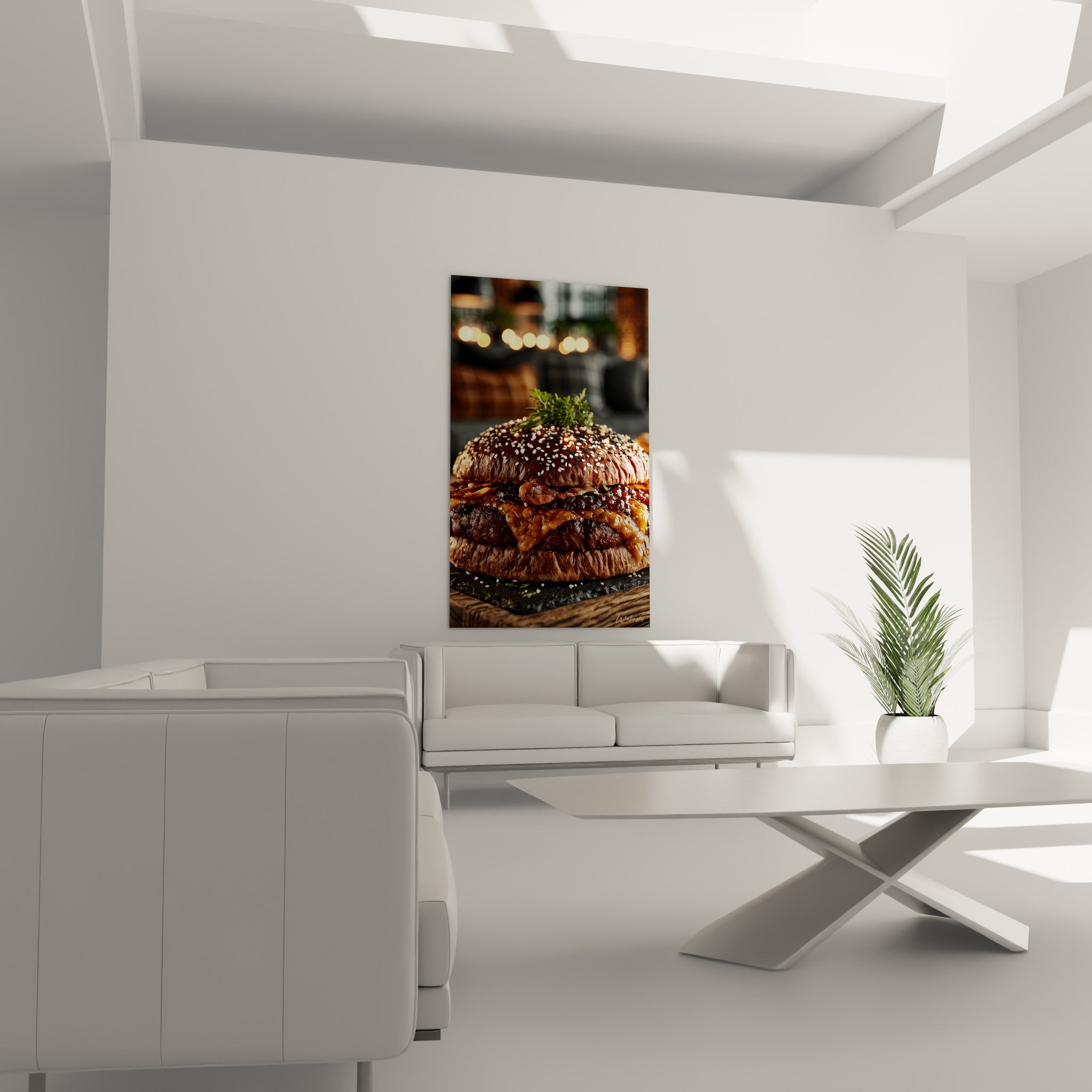 Burger juteux fromage ambré et pain croustillant, positionné au-dessus d'un canapé dans un salon lumineux