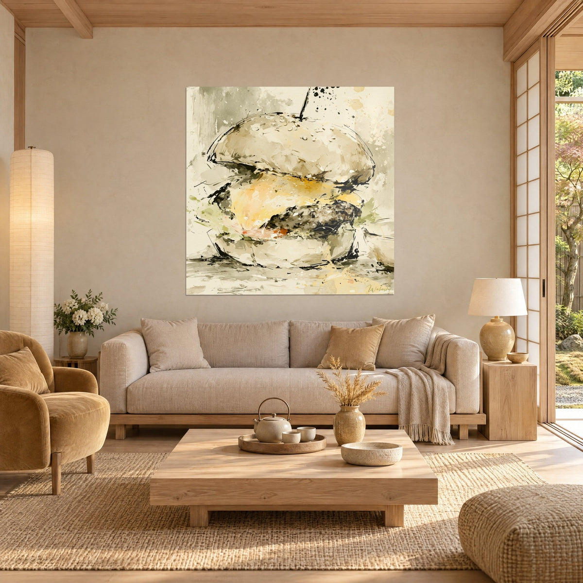 Tableau hamburger crème et jaune safran, éclaboussures d'encre noire sur fond ivoire, au-dessus d'un canapé dans un salon lumineux