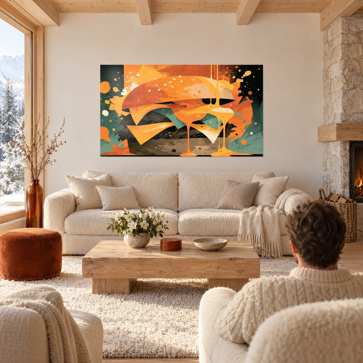 Tableau burger stylisé aux tranches de fromage orange et sarcelle, coulures dorées, au-dessus d'un canapé dans un salon lumineux