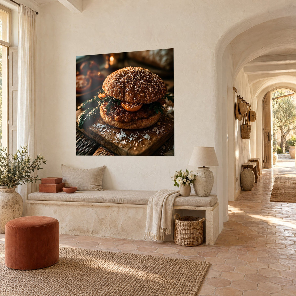 Schilderij gourmet broodje met amberkleurige, met zaadjes bestrooide korst, donkergroene blaadjes, crèmekleurige gepleisterde muur van een gewelfde gang