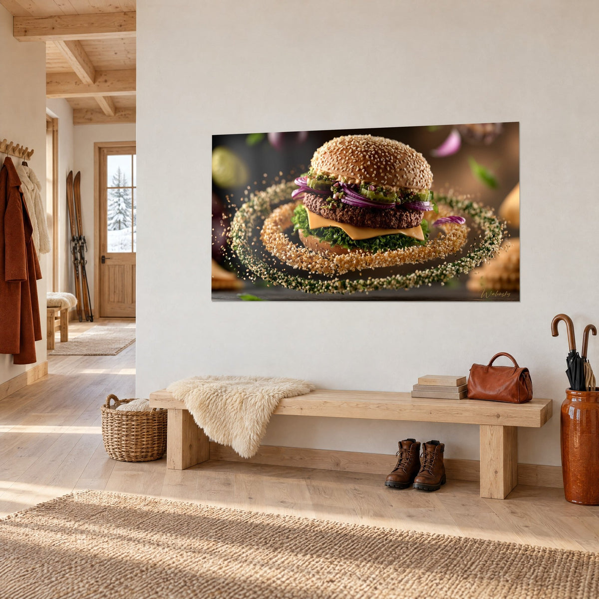 Tableau cheeseburger suspendu dans un tourbillon de graines vertes et ocre, steak brun et cheddar jaune, entrée de chalet