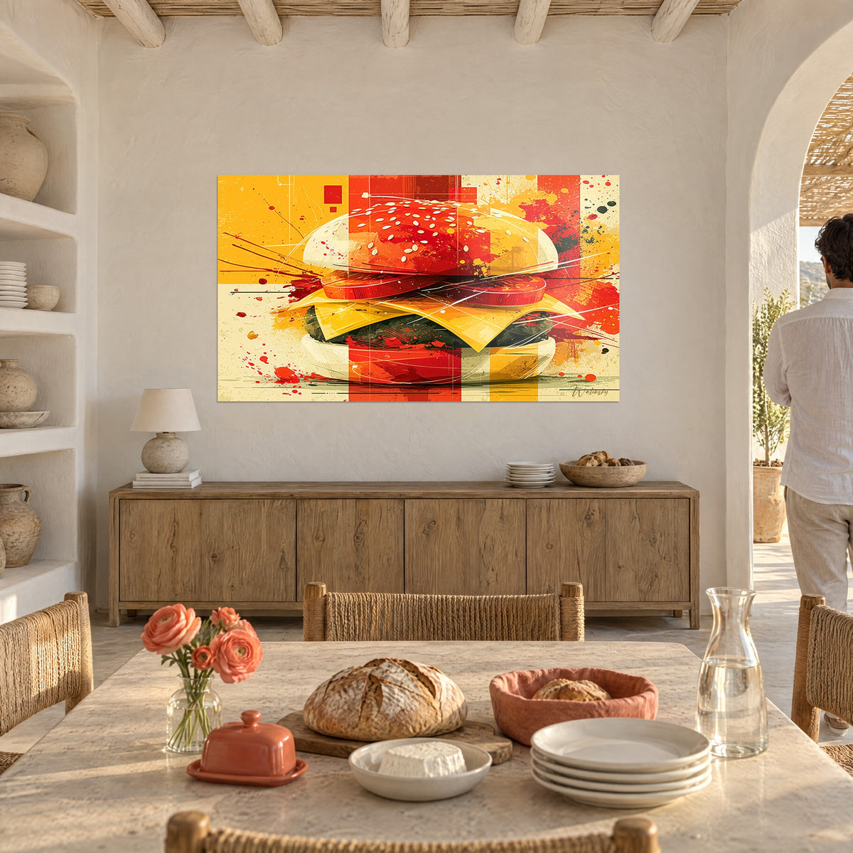 Πίνακας burger με λευκές γραμμές και έντονες κόκκινες κηλίδες σε κροκί κίτρινο, ασβεστωμένος τοίχος, ξύλινο μπουφέ και καμάρες
