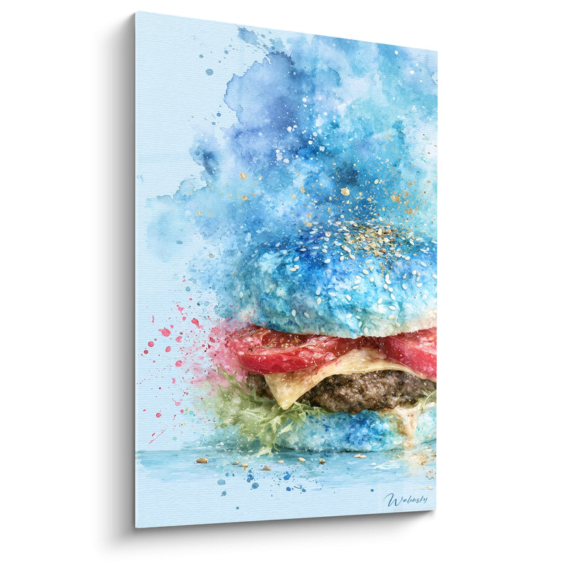 Tableau Burger bleu et rouge à la tomate juteuse - Éclaboussures aquarelle célestes - Edition Burger