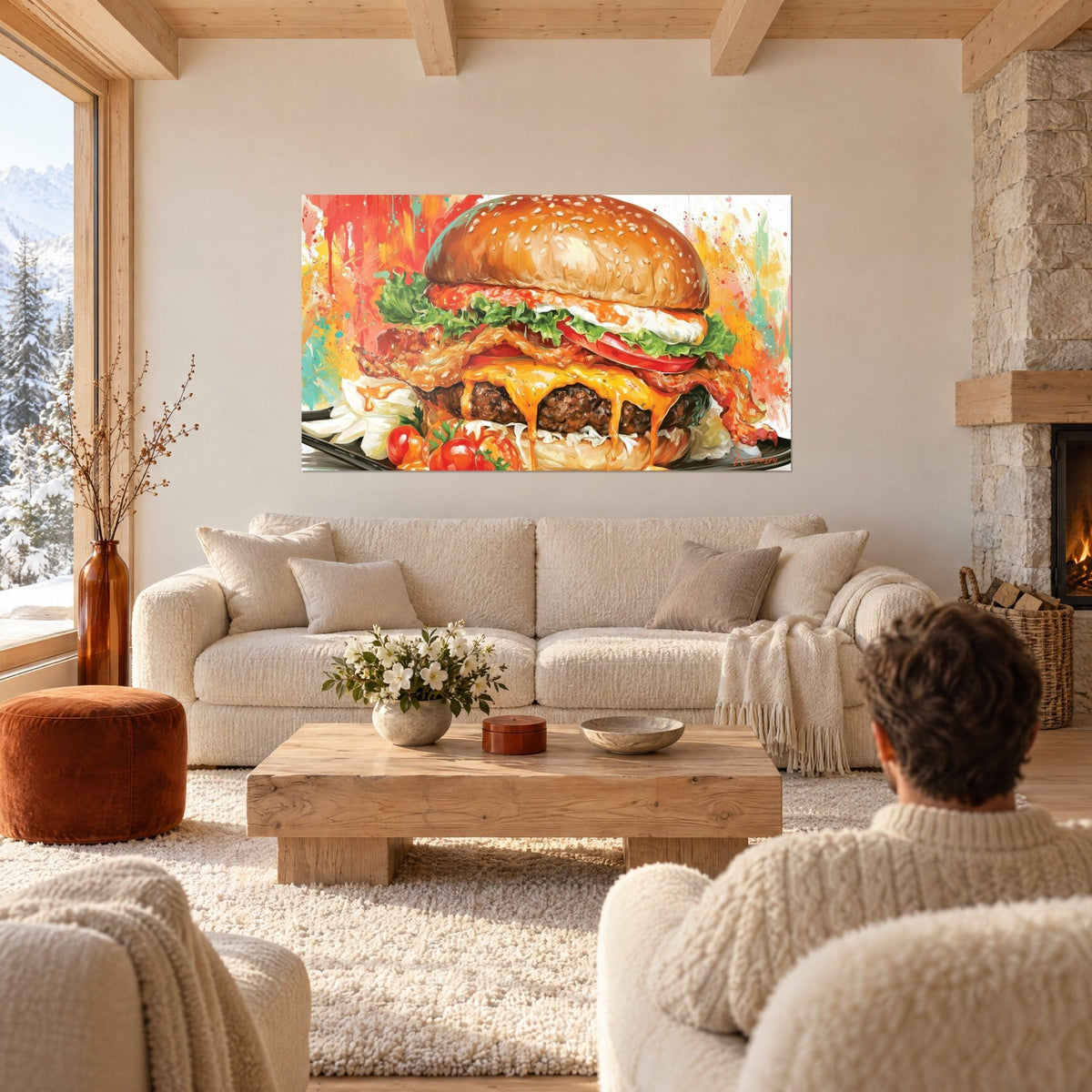 Quadro hamburger che cola cheddar dorato e filante, lattuga verde e pomodoro rosso, appeso sopra un divano in un soggiorno luminoso