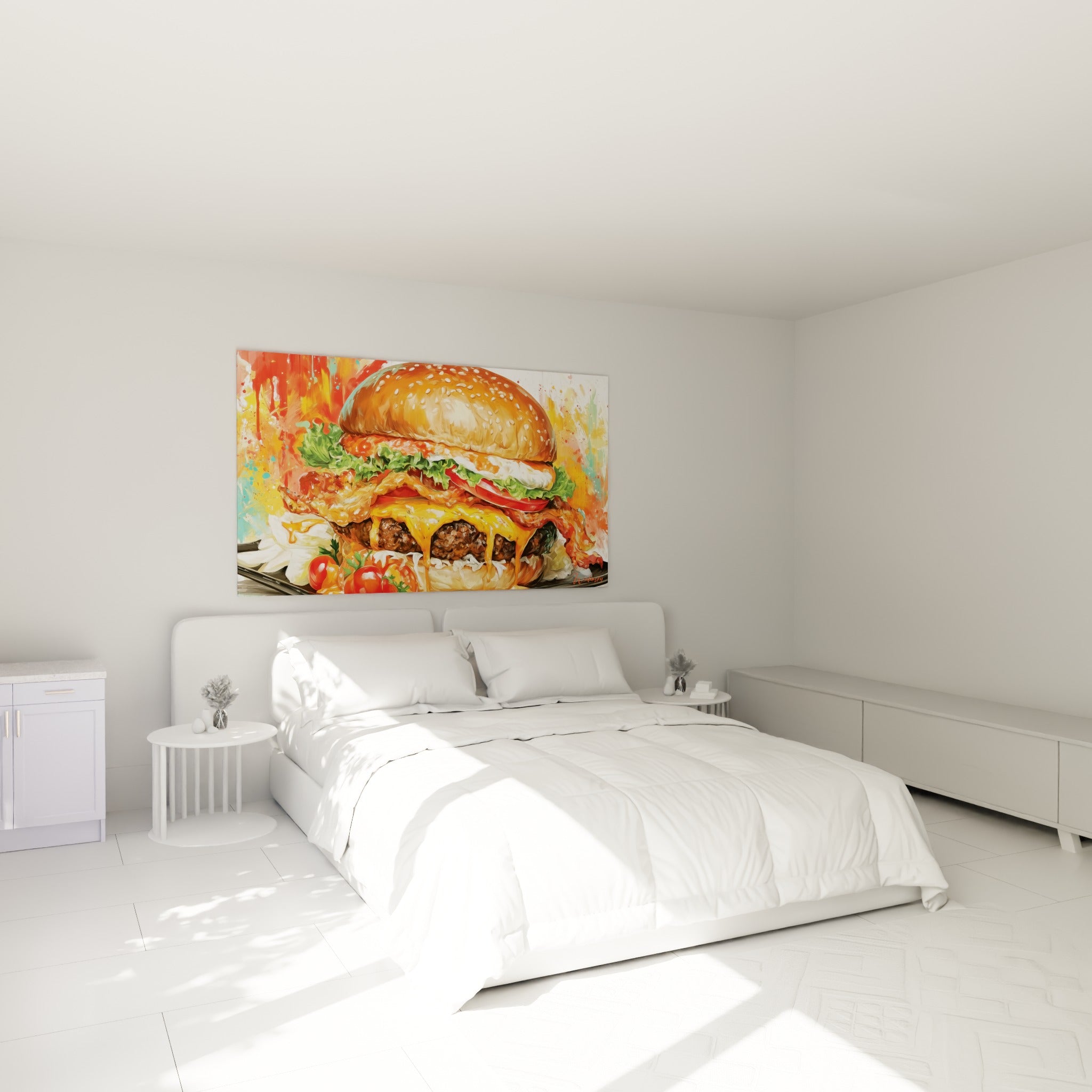 Sésame doré et fromage coulant ornent ce burger accroché au-dessus d'un lit dans une chambre claire