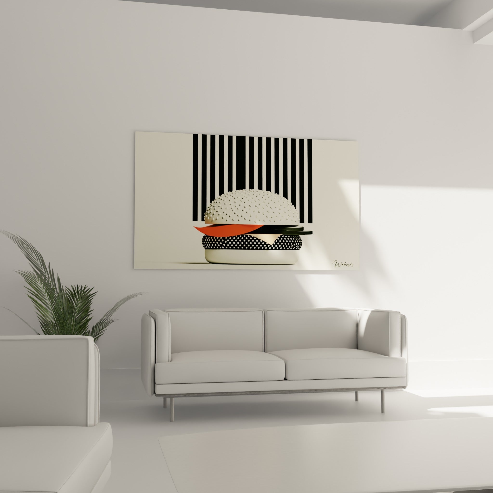 Burger stylisé aux bandes noires et crème, garniture orange, au-dessus d'un canapé dans un salon lumineux