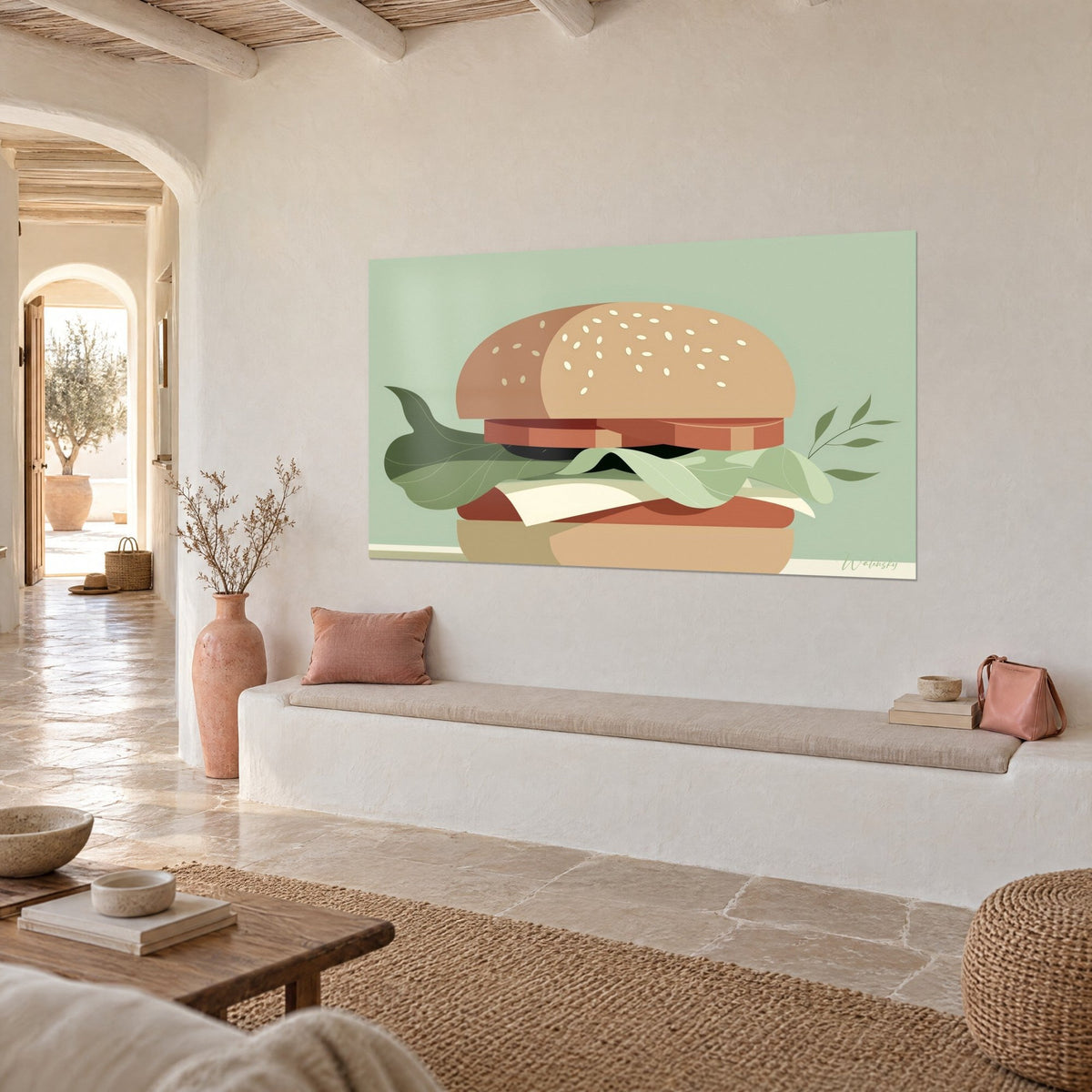Quadro Sandwich illustrato, panino morbido cosparso di semi, lattuga verde tenero e formaggio spalmabile, parete bianco sporco e panca in pietra