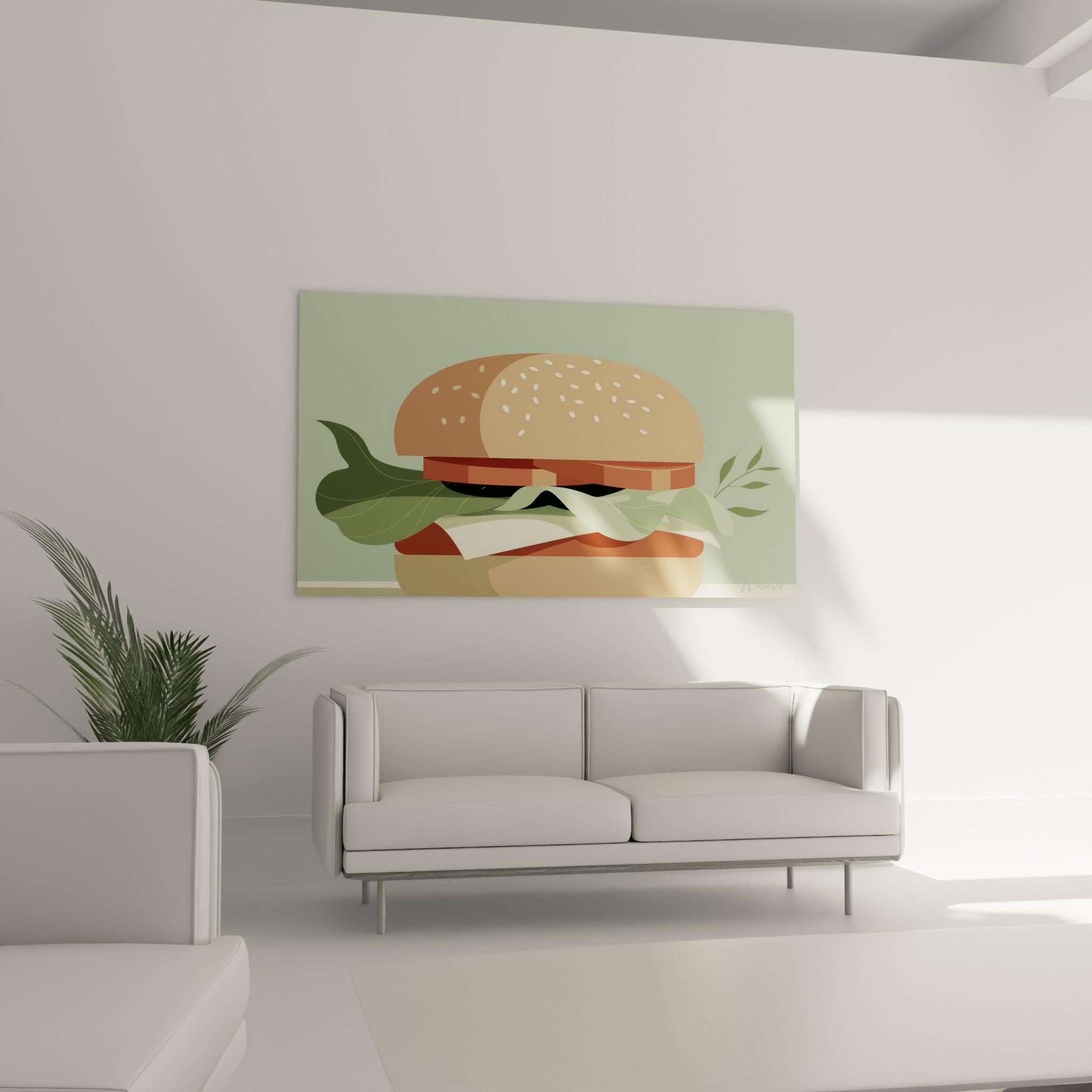 Illustration gourmande beige et vert menthe au-dessus d'un canapé dans un salon lumineux