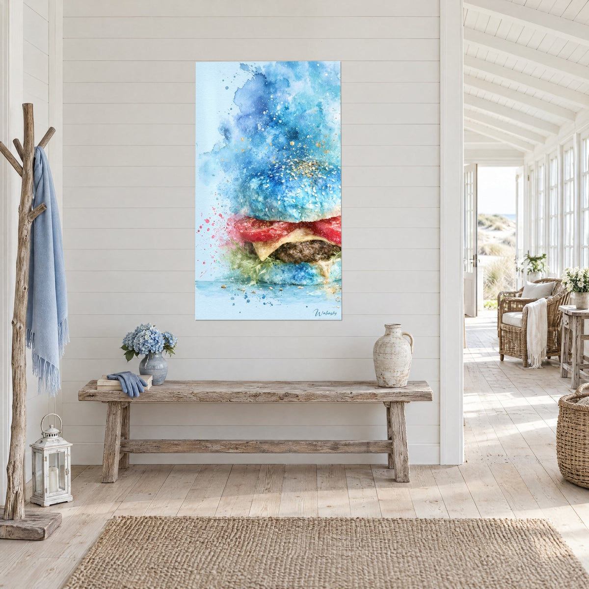 Wall art gourmet hamburger splashed with celestial watercolor, brown steak, green lettuce, on a white wall next to a rustic bench