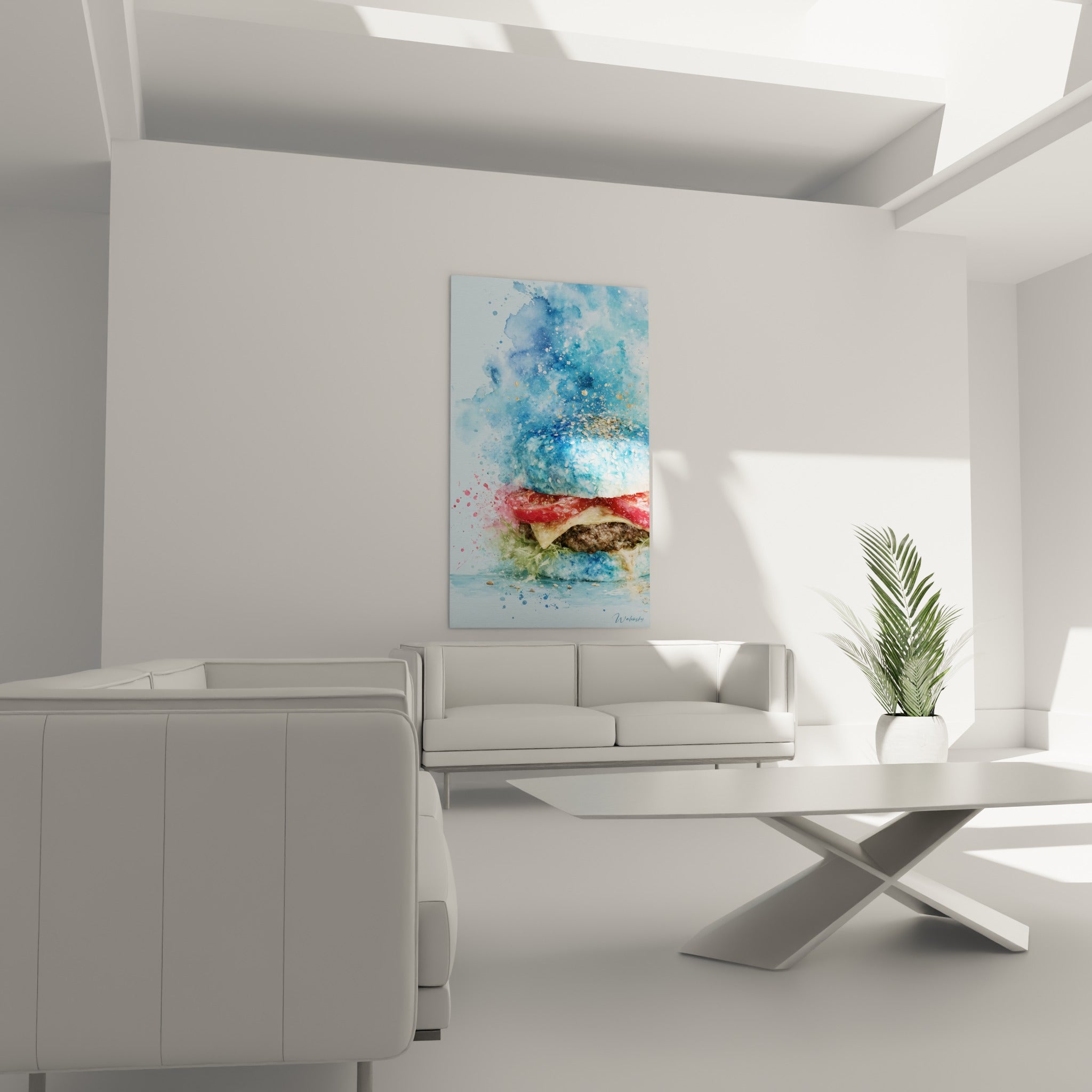 Composition dorée et bleue d'un burger éclaboussé, au-dessus d'un canapé dans un salon lumineux
