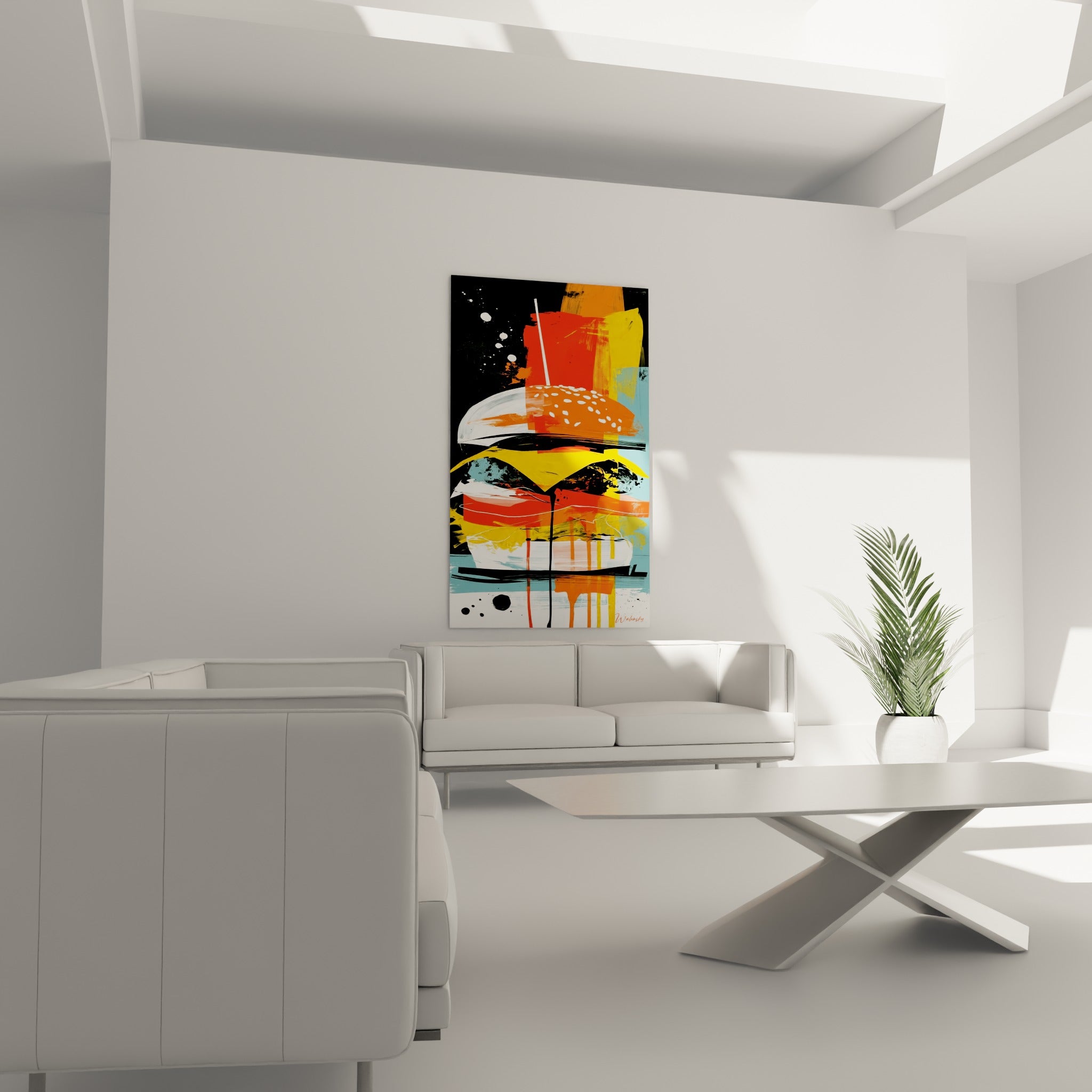 Burger stylisé en noir, orange et bleu pastel disposé au-dessus d'un canapé dans un salon lumineux