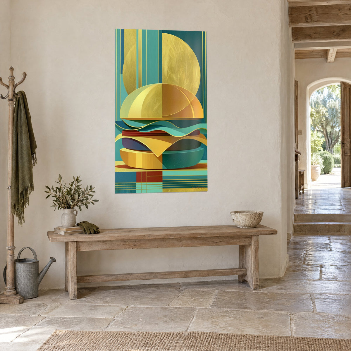 Quadro panino geometrico impilato, pane dorato, insalata ondulata turchese e bistecca bruno-rossastra, nell'ingresso di una casa in pietra