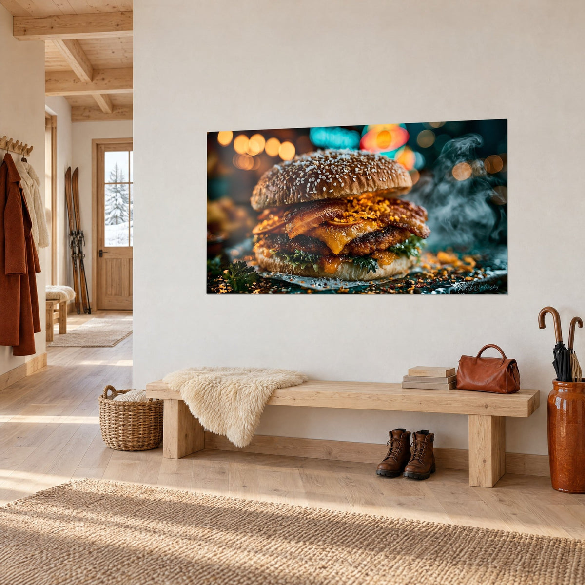 Tableau sandwich fumant au fromage fondu orange et bokeh turquoise sur fond sombre, banc en bois et sac cuir, entrée chaleureuse d'un chalet
