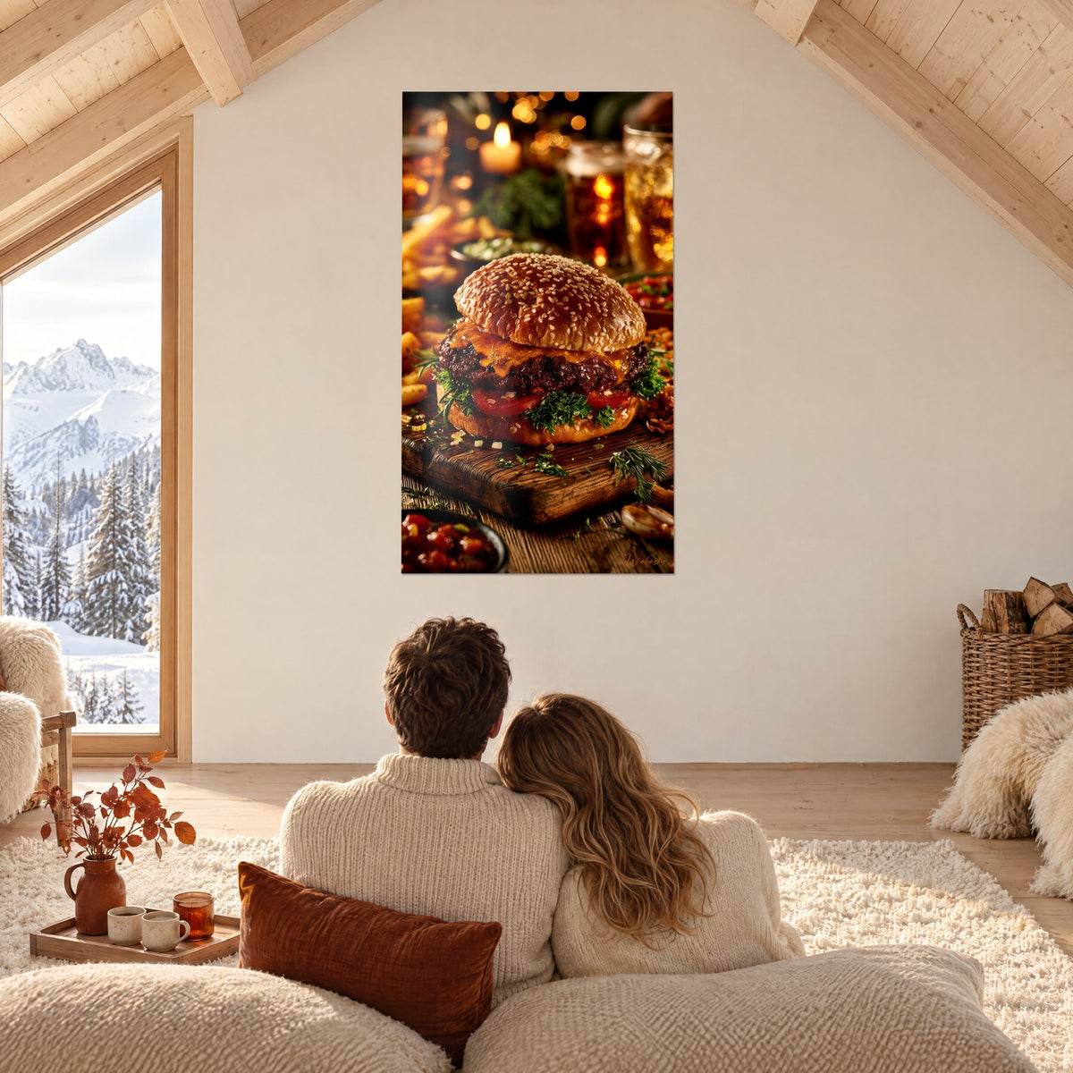 Πίνακας γευστικό gourmet burger σε rustic σανίδα, χρυσαφένιο ψωμί και πράσινα βότανα, θολό κεχριμπαρένιο κερί, chalet με mansard απέναντι από χιονισμένες κορφές