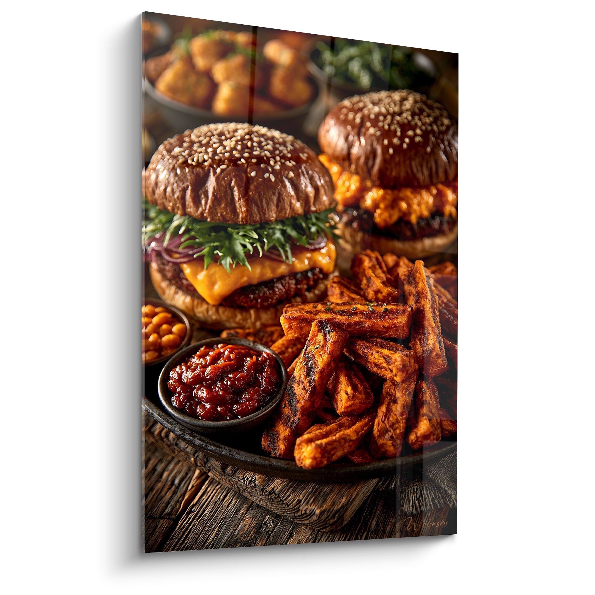 Deux burgers briochés dorés et frites orangées, sauce rouge et haricots sur plateau en bois foncé