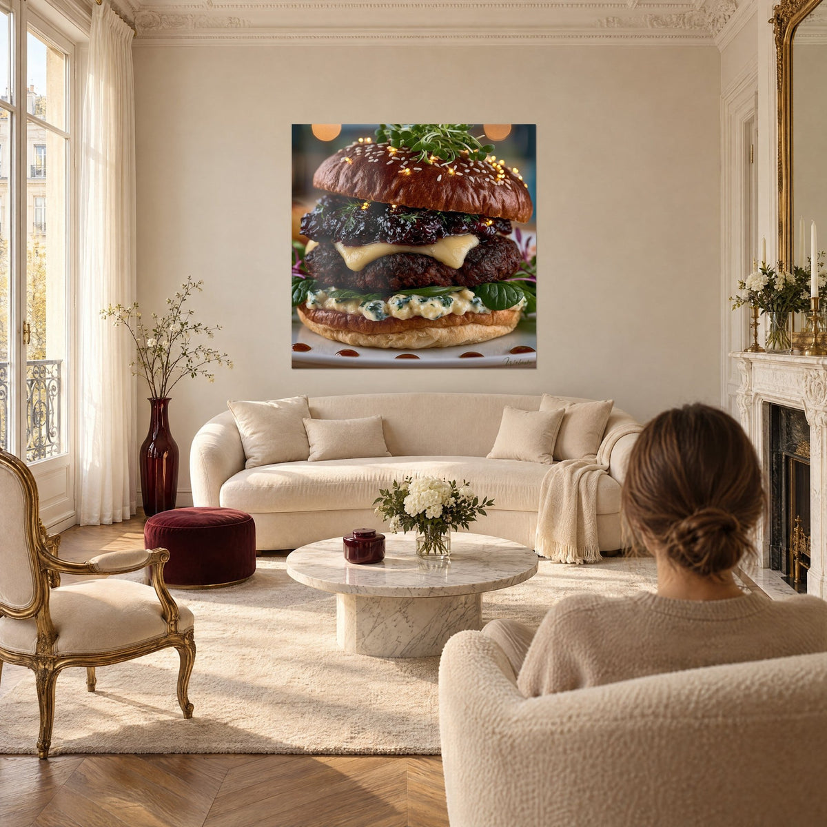 Tableau burger gourmet en brun et pourpre, confiture luisante et fromage fondu, au-dessus d'un canapé dans un salon lumineux