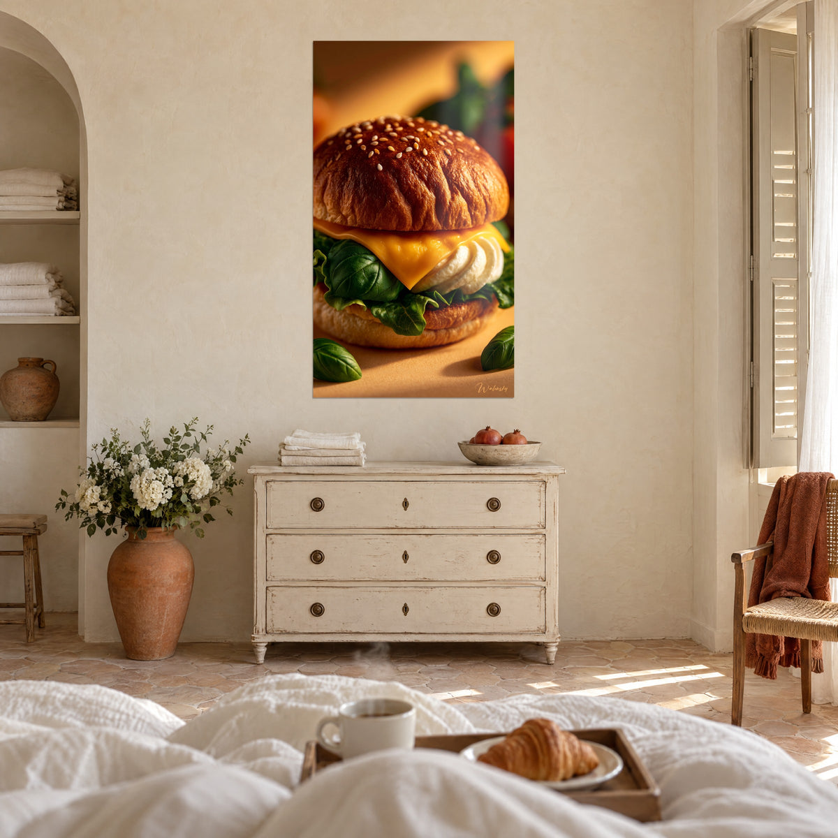 Πίνακας χρυσό brioche ψωμάκι με σουσάμι, κίτρινο τυρί και σμαραγδί βασιλικό, πάνω από ένα κρεβάτι σε ένα φωτεινό υπνοδωμάτιο