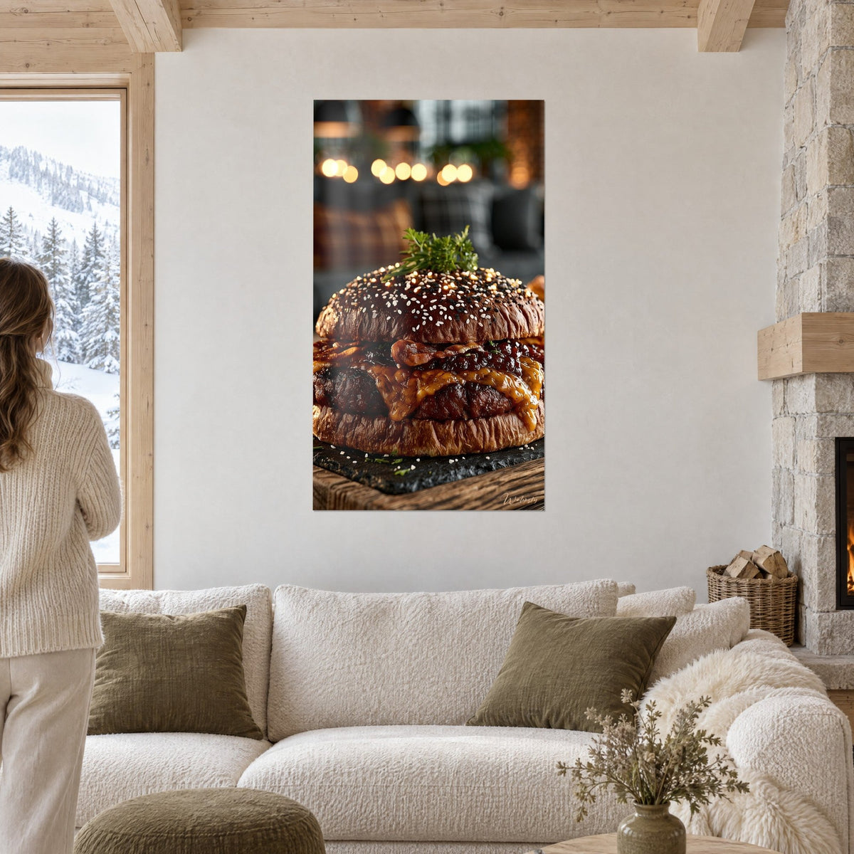 Tableau burger gourmand au pain brun luisant, sésame et fromage fondu doré, au-dessus d'un canapé dans un salon lumineux