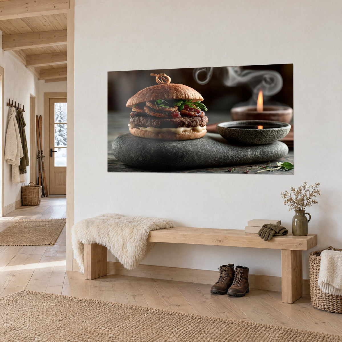 Quadro panino gourmet con pane scuro, rucola verde e cipolle caramellate, fiamma arancione, vista a tre quarti stile chalet