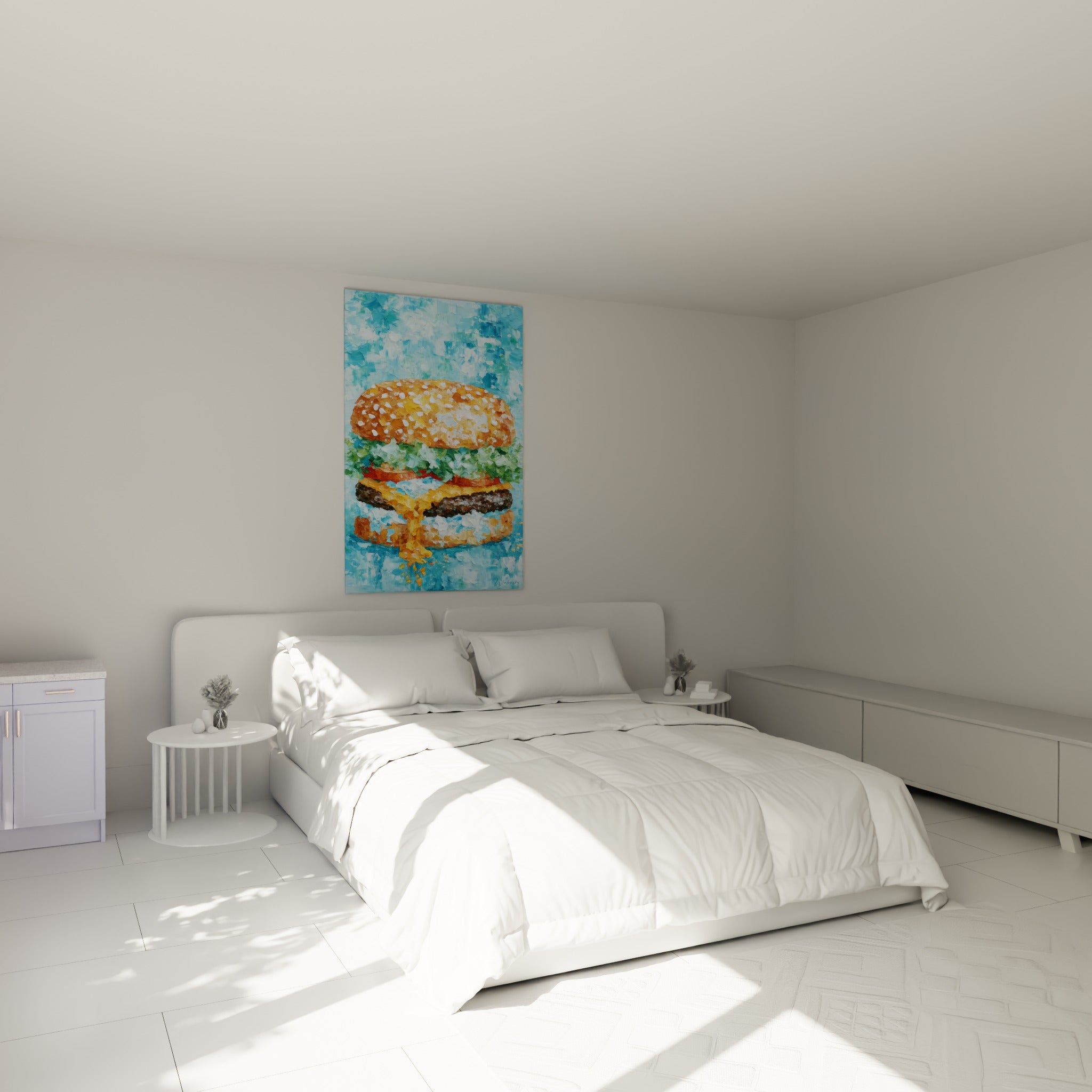 Burger doré au fromage coulant accroché au-dessus d'un lit dans une chambre claire