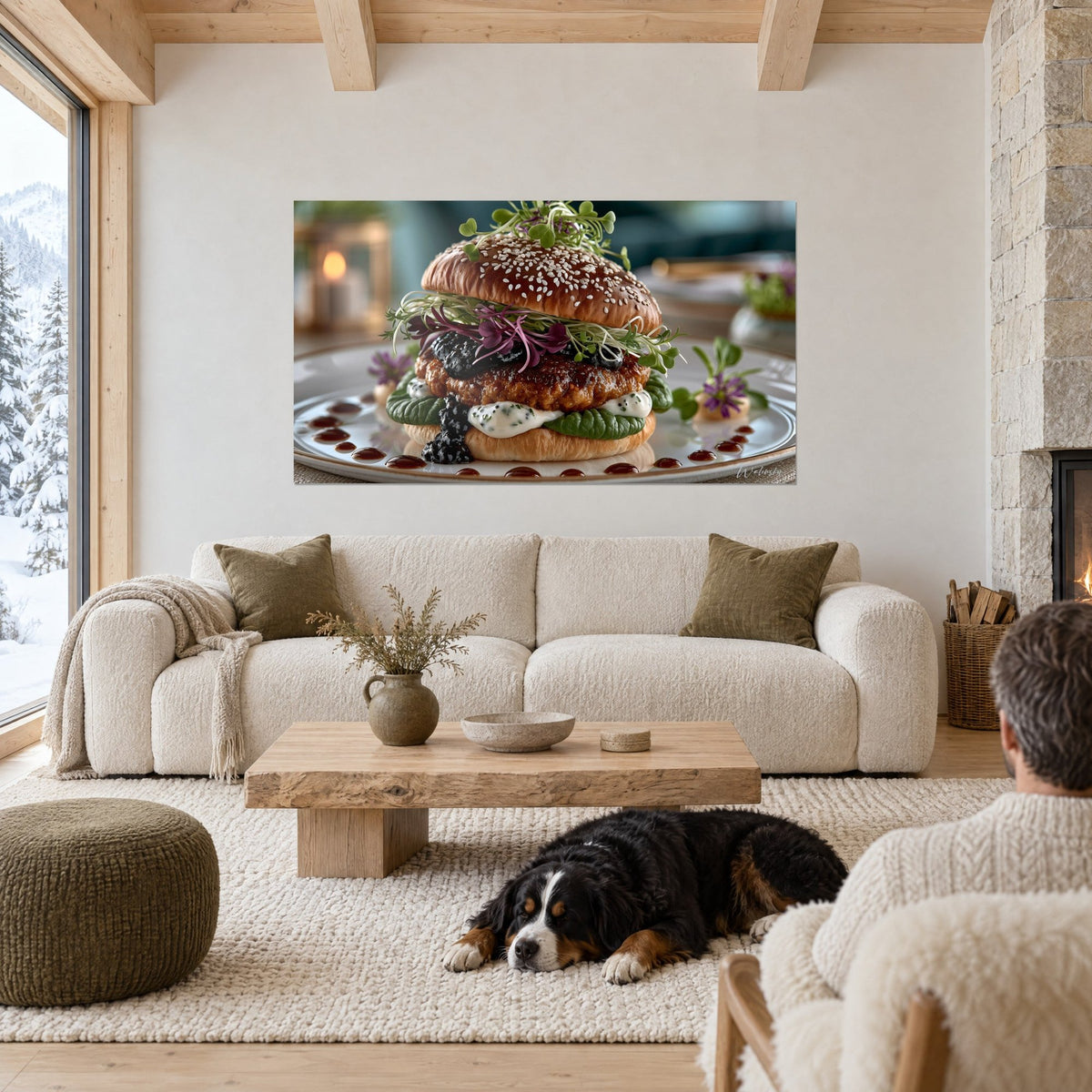 Gemälde Gourmet-Burger mit goldenem Brioche-Brot und violetten Sprossen, weißer Teller, über einem Sofa in einem hellen Wohnzimmer