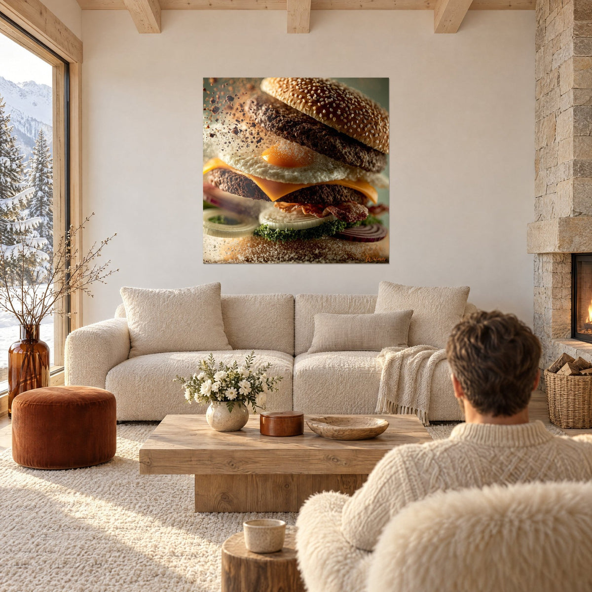Quadro hamburger esploso con spezie marroni sospese, uovo alla coque arancione e pane dorato, sopra un divano in un soggiorno luminoso