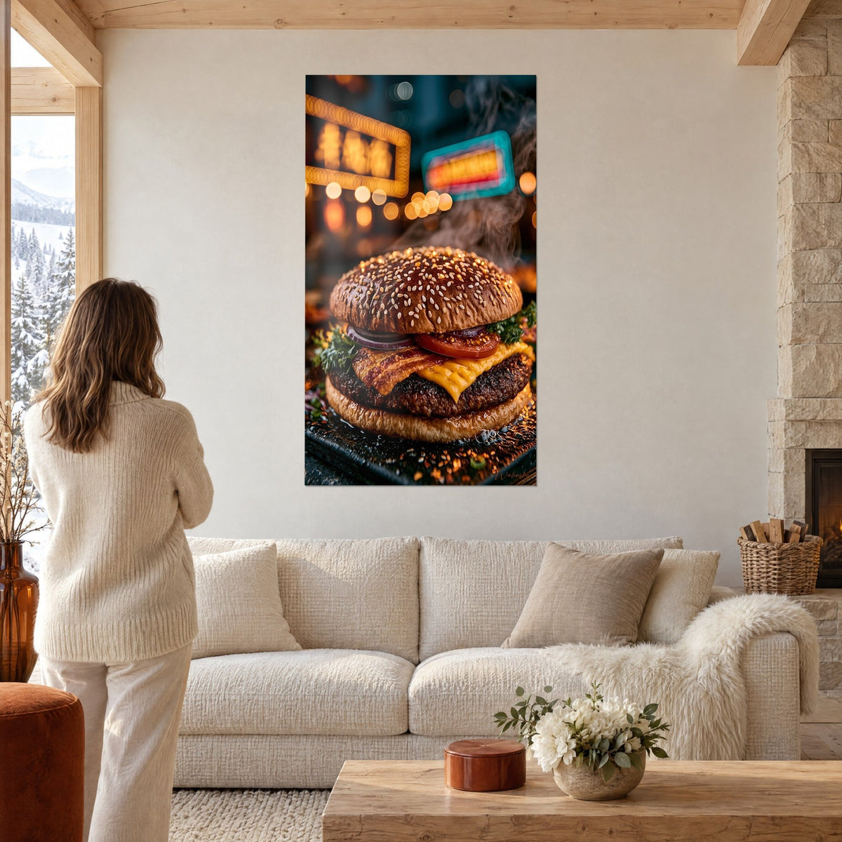 Gemälde Burger mit goldenem Sesambrötchen und knusprigem Speck, verschwommene türkisfarbene und bernsteinfarbene Leuchtschilder, über einem Sofa in einem hellen Wohnzimmer