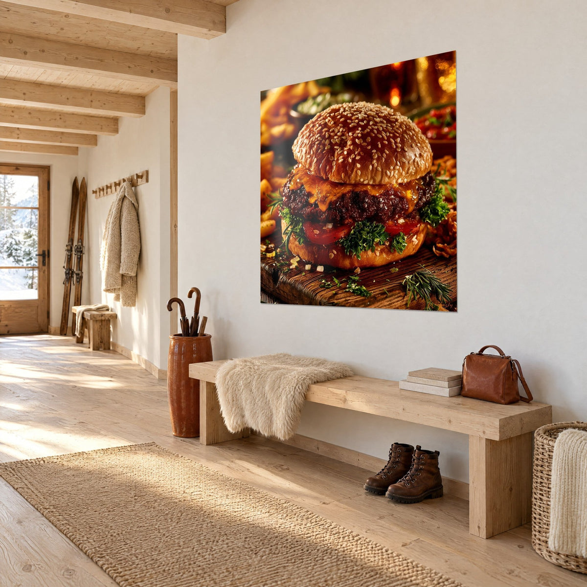 Tableau hamburger au pain brioché doré et tomate rouge, cadré de trois-quarts, au mur d'une entrée de chalet