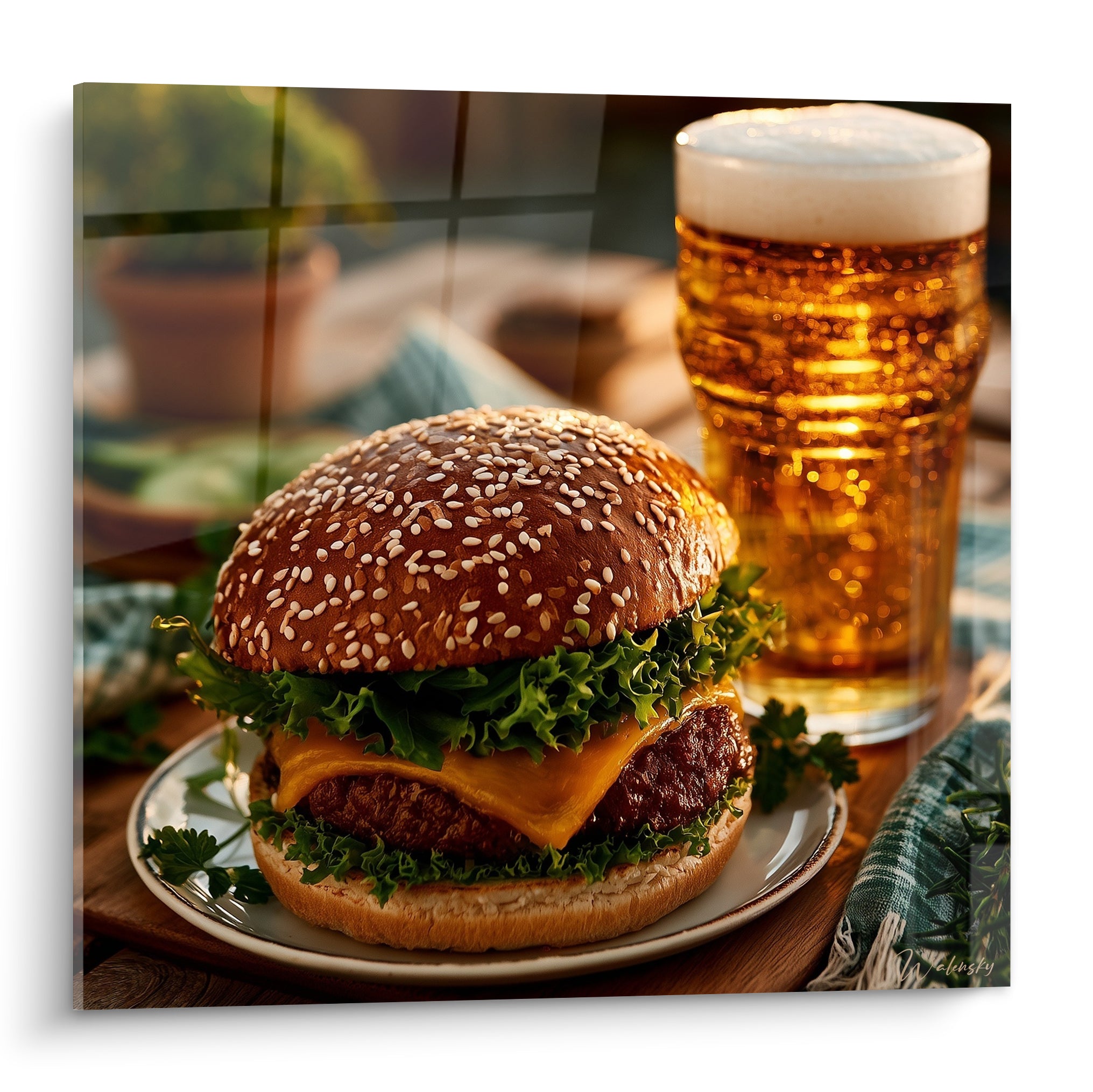 Burger doré au pain sésame, cheddar fondant et bière ambrée, réalisme photographique lumineux