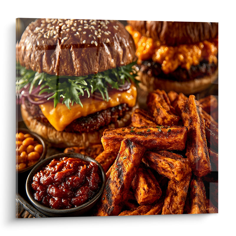 Tableau Burger brun et orange aux frites patates douces - Bol de chutney - Edition Burger
