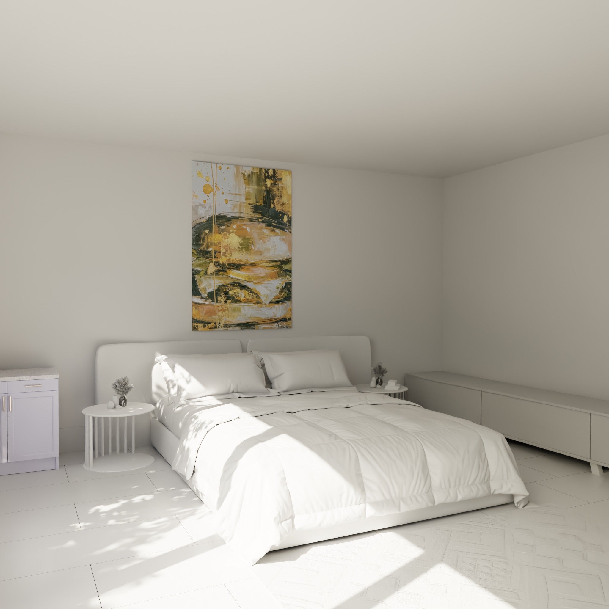 Composition gourmande dorée et grise du tableau burger accrochée au-dessus d'un lit dans une chambre claire