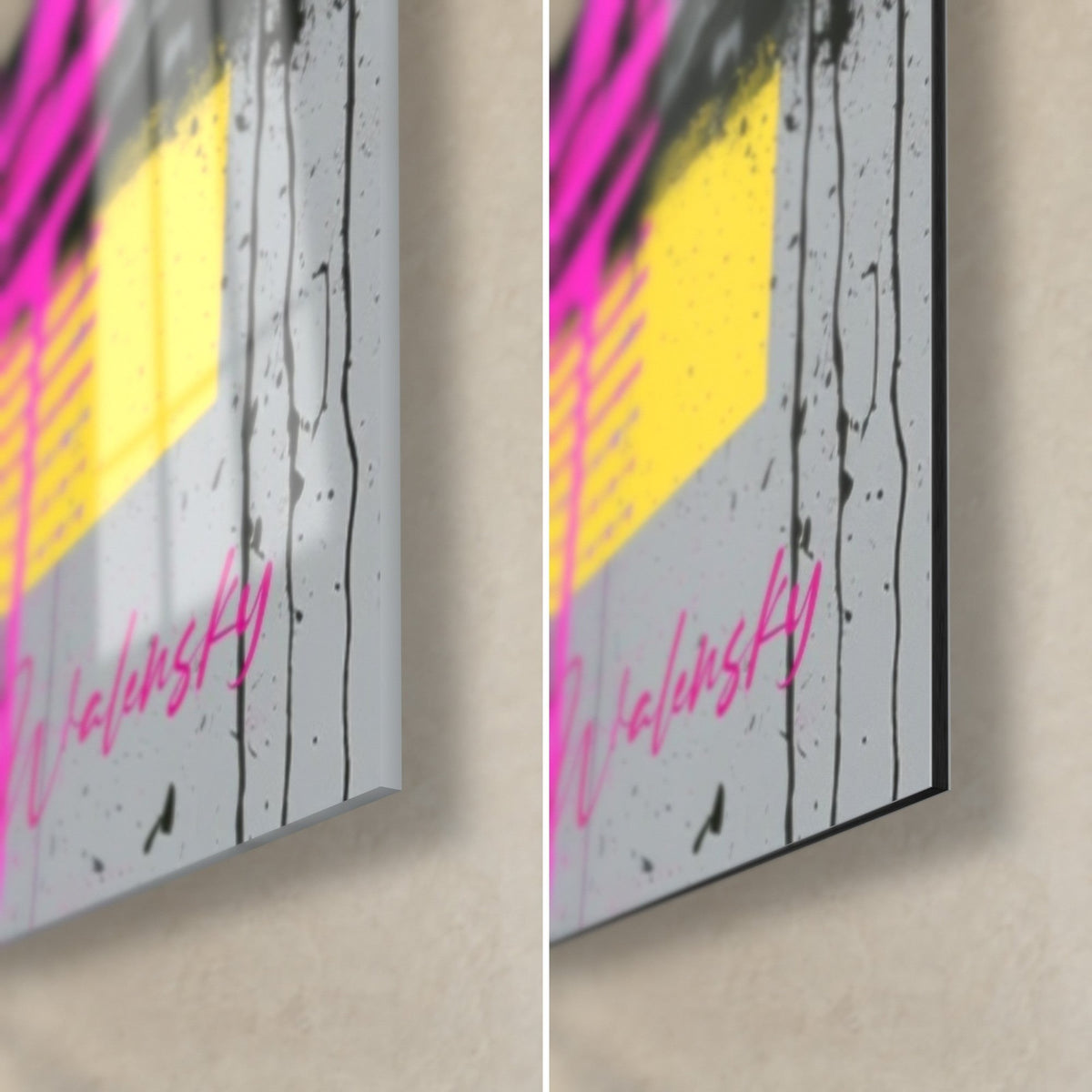 Gemälde Graffiti-Burger, untere rechte Ecke: glänzendes Acrylglas mit Reflexen links, mattschwarzes Alu-Dibond rechts, rosa und gelbe Spritzer