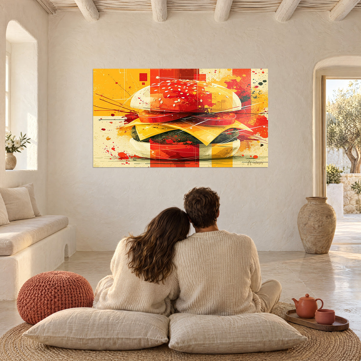 Πίνακας γιγαντιαίο burger σε έντονο πορτοκαλί και κίτρινο, πιτσιλιές χρώματος, απέναντι σε ζευγάρι καθισμένο σε μαξιλάρια