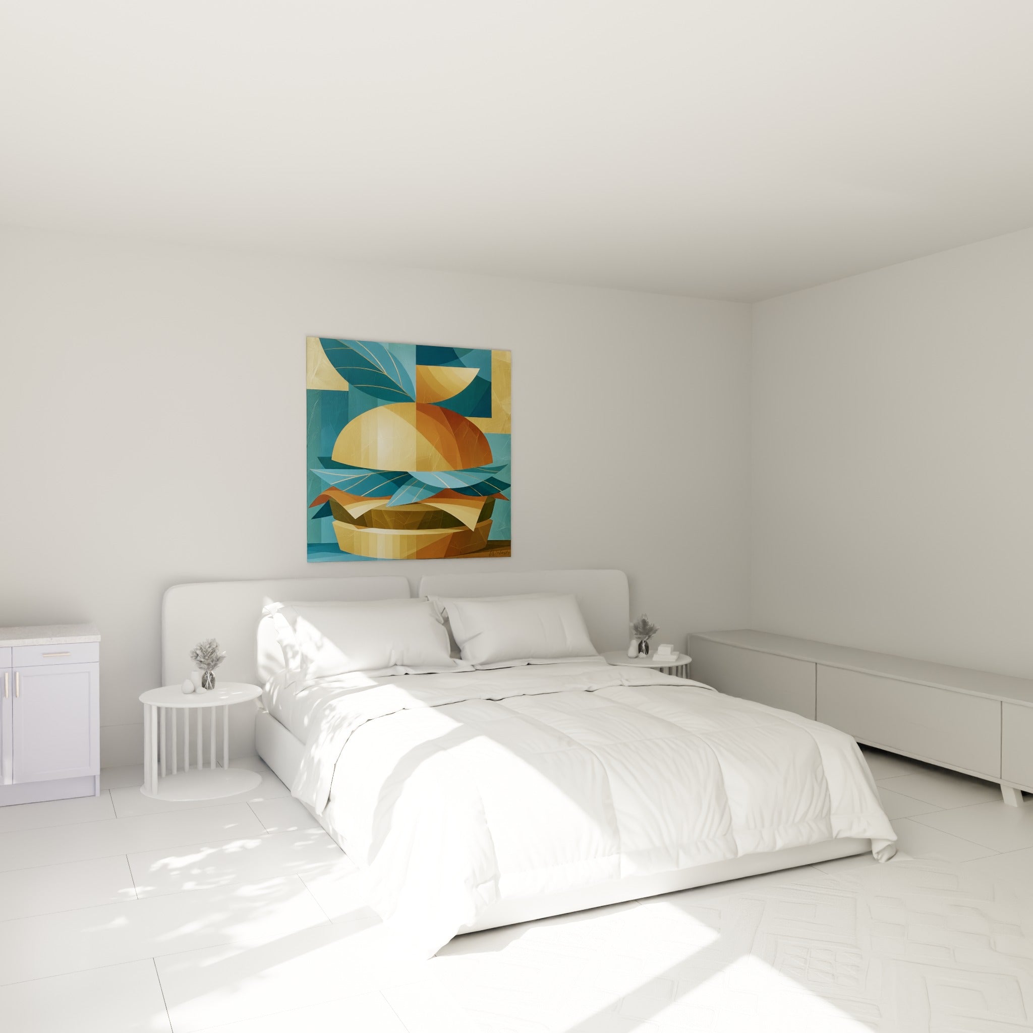 Burger doré et bleu pétrole aux formes cubistes, accroché au-dessus d'un lit dans une chambre claire