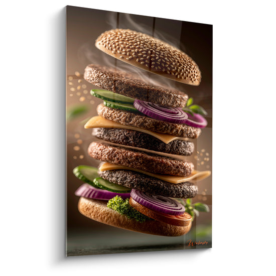 Burger déconstruit en lévitation avec oignons rouges et fromage doré sur fond brun anthracite