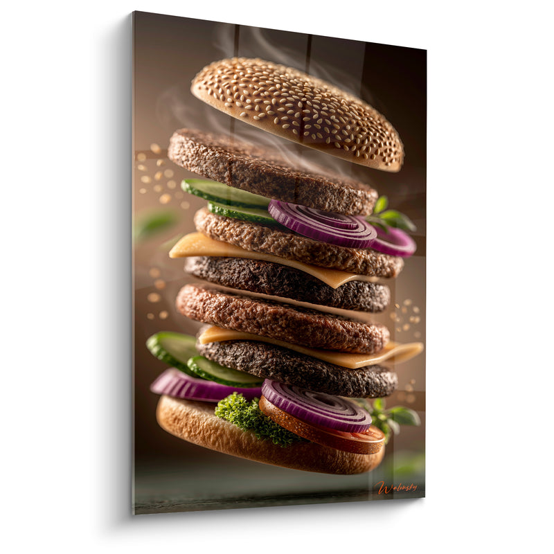 Tableau Empilement brun et violet aux steaks superposés - Fromage fondu suspendu - Edition Burger