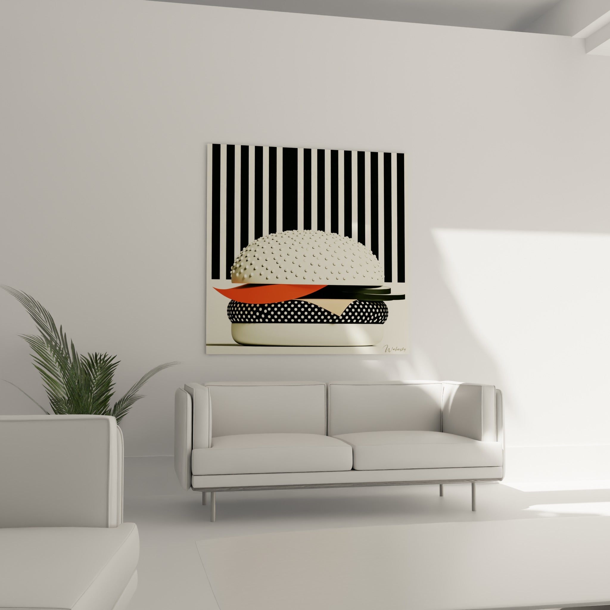 Composition pop art d'un burger orange et anthracite, disposée au-dessus d'un canapé dans un salon lumineux