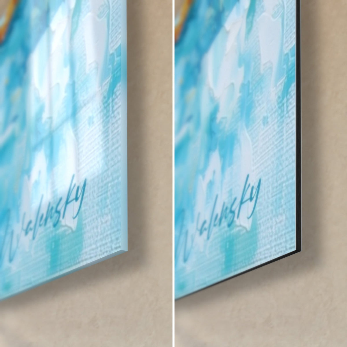 Wall art thick turquoise and orange paint hamburger, bottom right corner: glossy acrylic glass on the left, matte black Dibond on the right